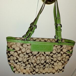 Coach Tan and Lime Green Signature Shoulder Bag